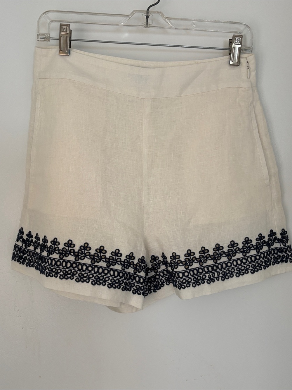 J. Crew White High-Waist Shorts with Navy Floral Trim